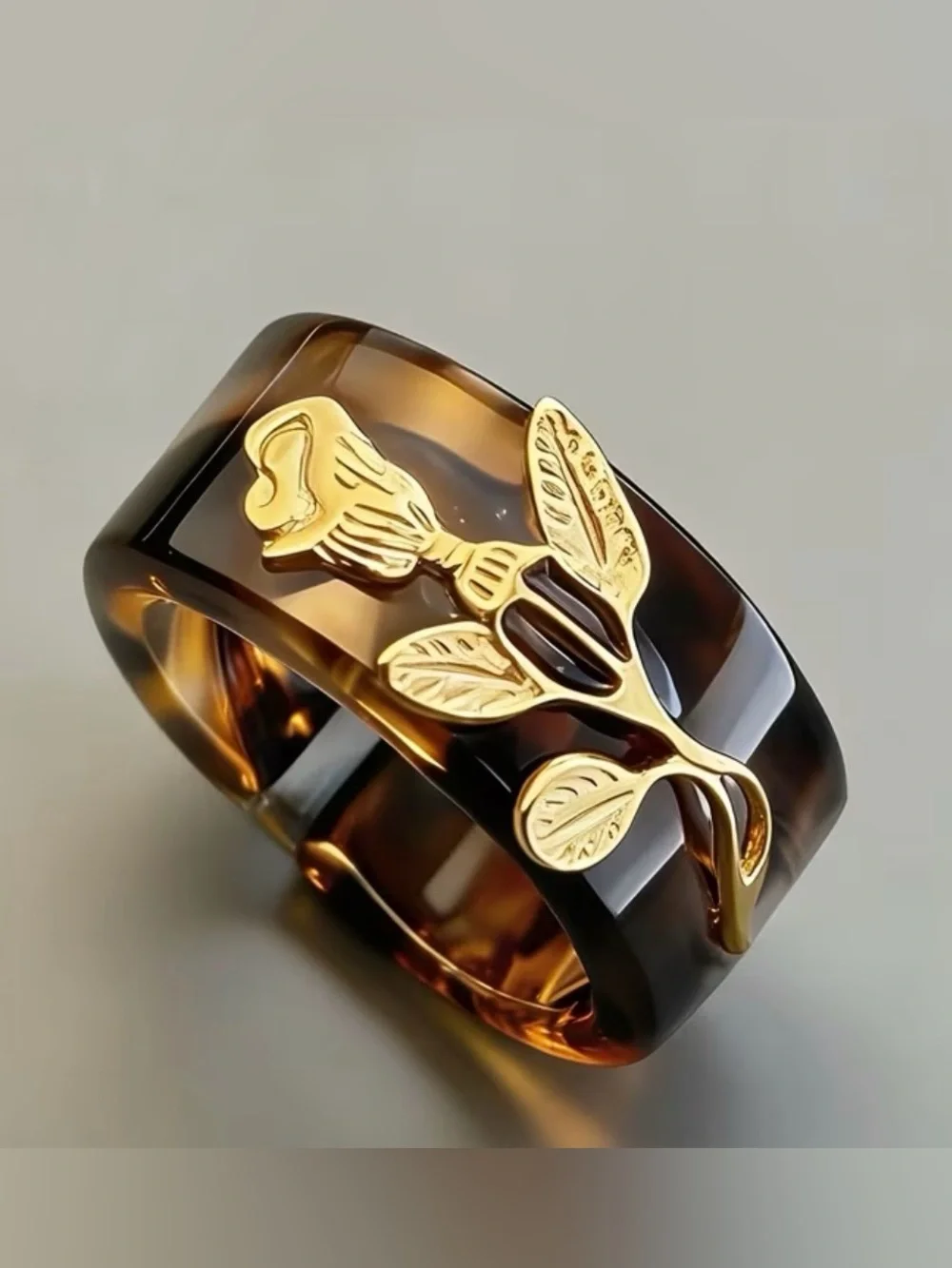 Western Ring Tortoiseshell Resin Cuff with Gold Rose Accent